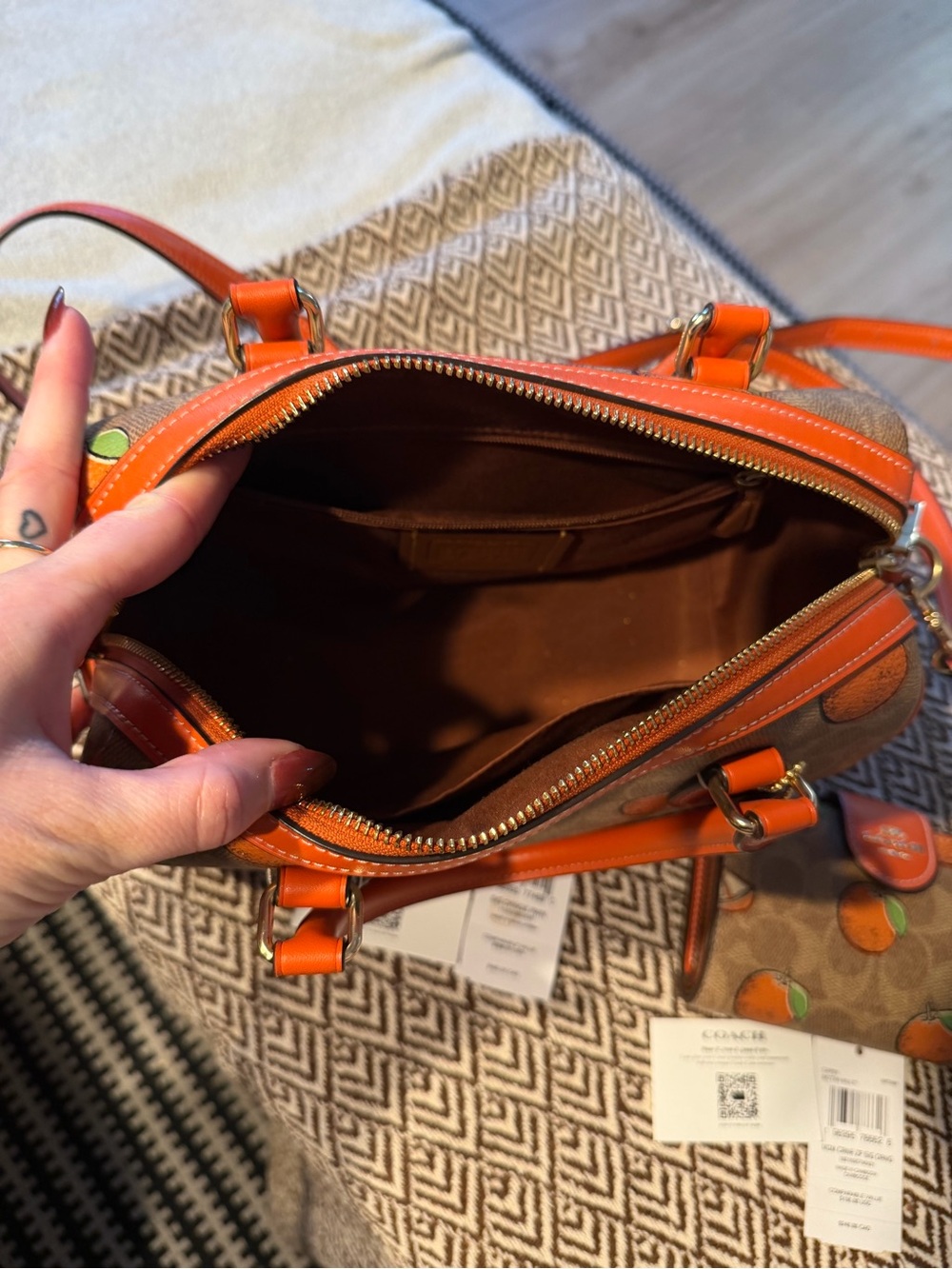 Coach Brown Signature Satchel with Orange Fruit Print and Orange Trim - Picture 4 of 5
